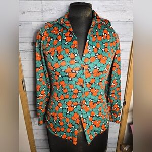 Vintage 1970's Jantzen Rust Green Subtle Apples Button Polyester Blouse